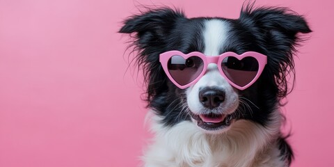 Cute Border Collie dog wearing pink heart-shaped glasses on a soft pink background. Great for Valentine's Day campaigns or pet-themed promotions.