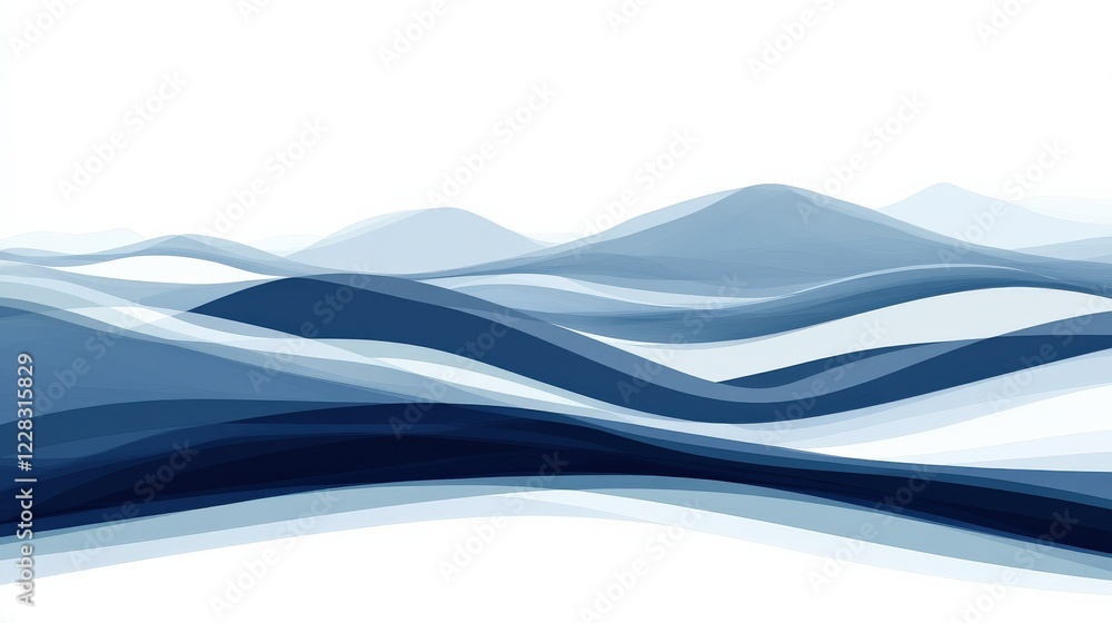 Poster abstract representation of flowing blue waves with layered mountains in the background