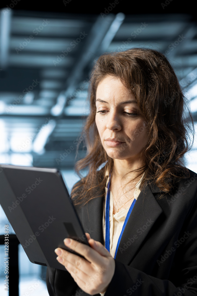 Poster technician in data center workspace using tablet, configuring network virtualization. woman in serve