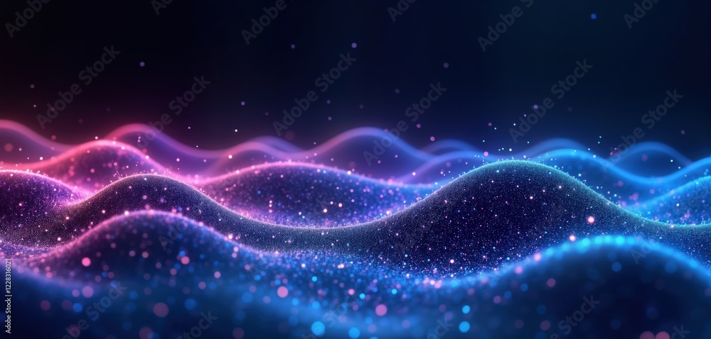 Poster abstract digital design with vibrant blue, purple gradient. wavy patterns made of dotted particles c