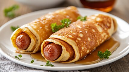 Hot dog sausage wrapped in a pancake and served with maple syrup