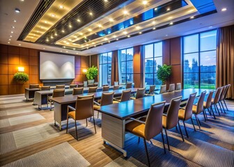 Ready for the Meeting:  Empty Conference Room with Presentation Screen, Tables, and Chairs Set for Business Conference or Seminar.