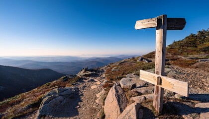 A rugged mountain trail with a wooden signpost and breathtaking views of the valley below under a clear blue sky.