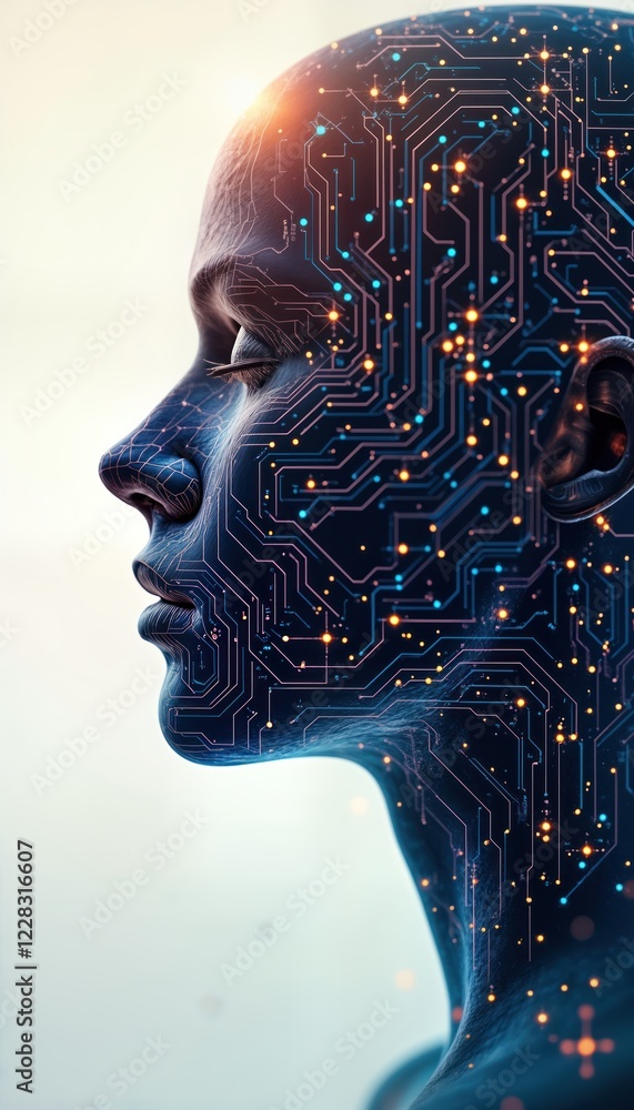 Poster human head with intricate circuitry. ai concept. neural network. future tech. integrated tech in hum