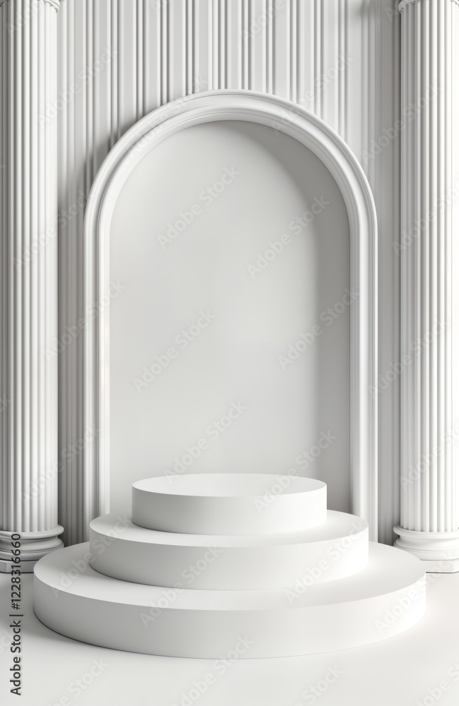 Poster empty white podium stands in classical interior. stylish design with columns, archway. luxury, moder