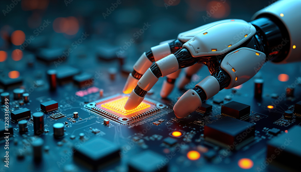 Fototapete AI-powered tool assists cybersecurity pro. Robotic hand examines circuit board. AI tech identifies network vulnerabilities. Cybersecurity experts use AI-powered tools to mitigate risk. AI tools help