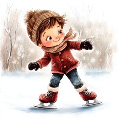 Cartoon style happy child doing ice skating.
