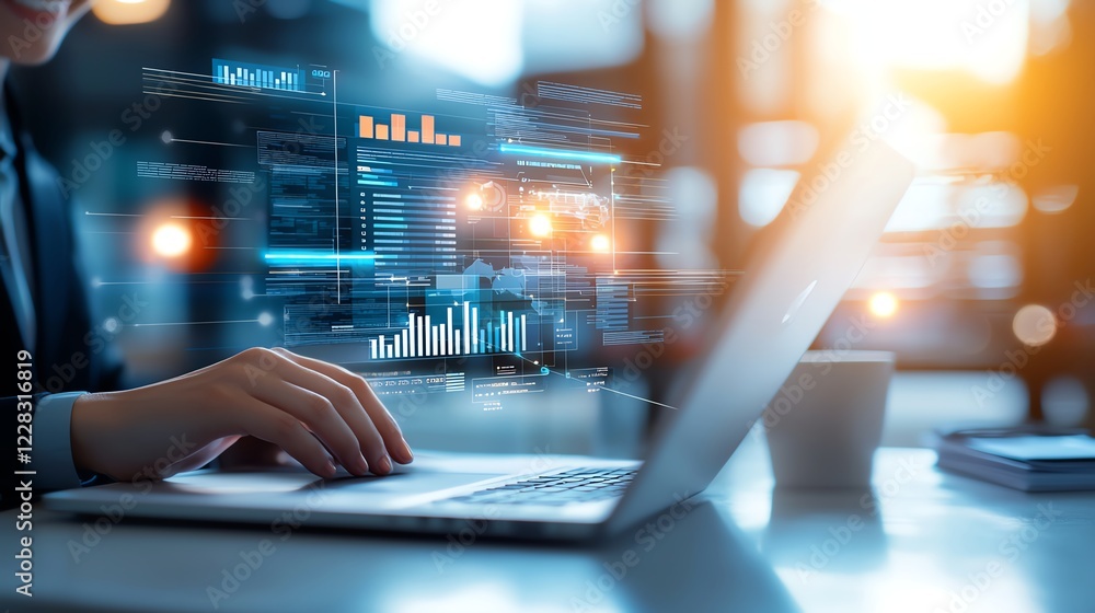 Poster a business professional using a laptop with digital graphs and analytics on the screen, representing