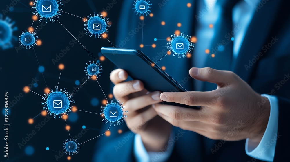 Poster a business professional using a smartphone, surrounded by digital network elements symbolizing commu