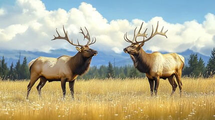 Obraz premium Two elk in the grassland, a male and a female, full-body photograph with high-definition details.