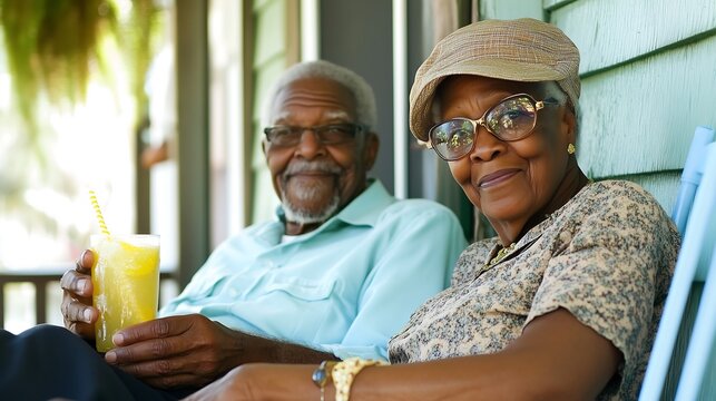 Elderly African American couple relaxing on a porch, enjoying drinks and each other's company.