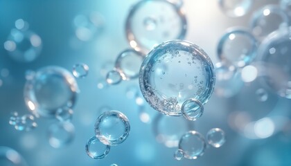 Abstract photo of many transparent spheres, bubbles. Clear liquid substance flows, swirls. Image presents cosmetic essence serum concept. Bubbles look like microscopic molecules ingredients. Modern