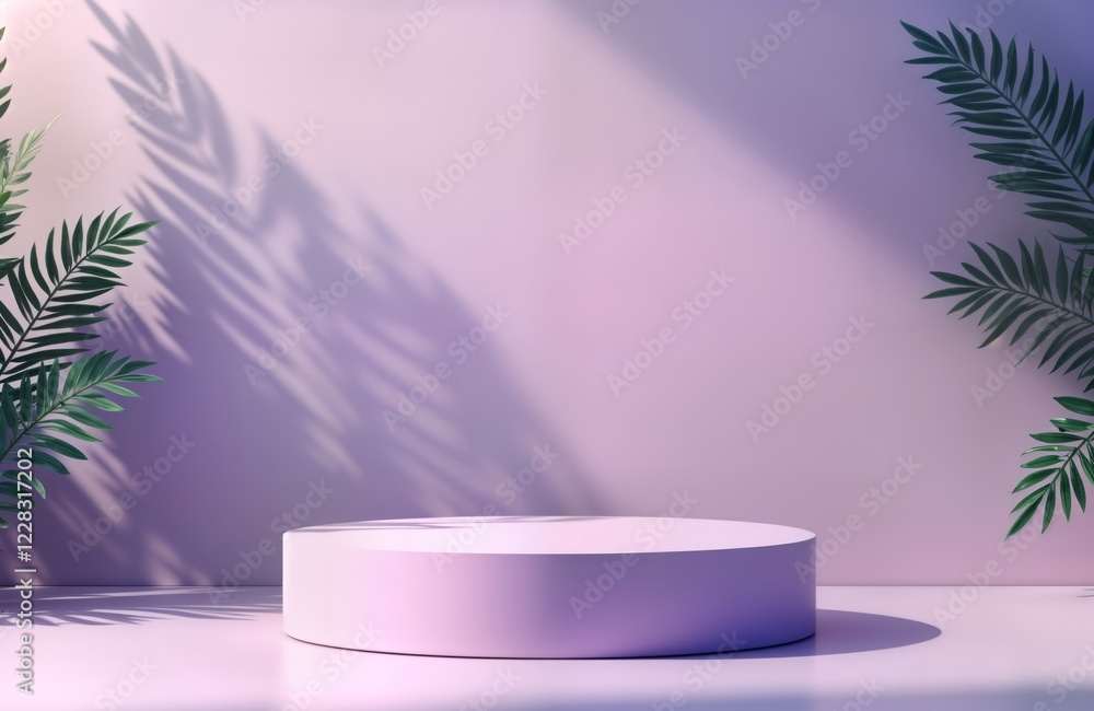 Poster empty podium on soft purple studio background with plant shadows. stylish backdrop for product displ