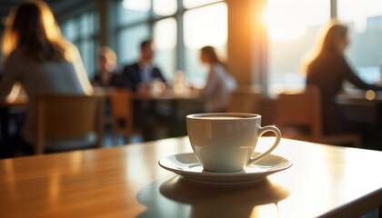 Business people network at breakfast meeting in cafe. Sunlight streams through windows. Blurred figures suggest busy, lively atmosphere. Cup of coffee sits on table. Casual corporate networking.