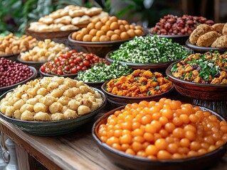 Assorted food bowls on a buffet table, with leafy greens in the background, for catering