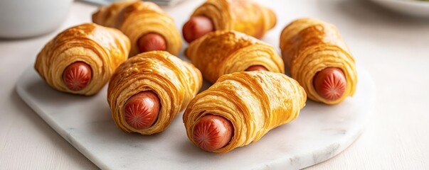 Fototapeta premium Mini hot dog sausages wrapped in flaky croissant dough