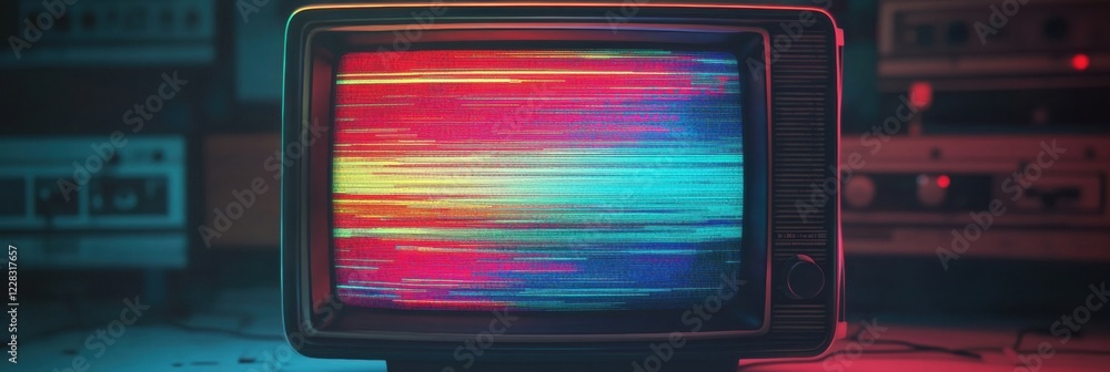 Poster retro television screen displaying vivid static noise and colorful glitch patterns in a nostalgic se