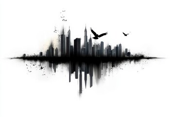 Fototapeta premium Urban Silhouette with Flying Birds and Reflections on a White Background – Abstract Cityscape Design for Creative Projects and Visual Arts