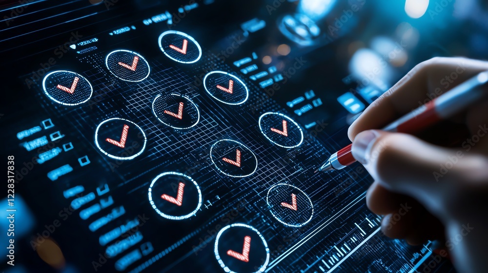Poster a close-up image of a person's hand using a stylus on a futuristic touchscreen display showing check