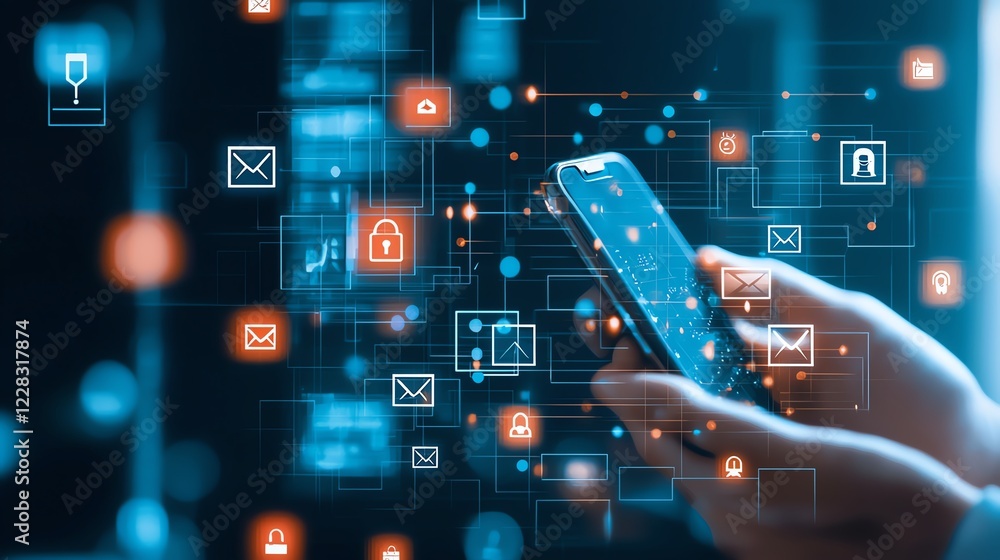 Poster A close-up of a hand holding a smartphone, surrounded by a digital interface displaying various icons and data visualizations, symbolizing connectivity and modern technology.