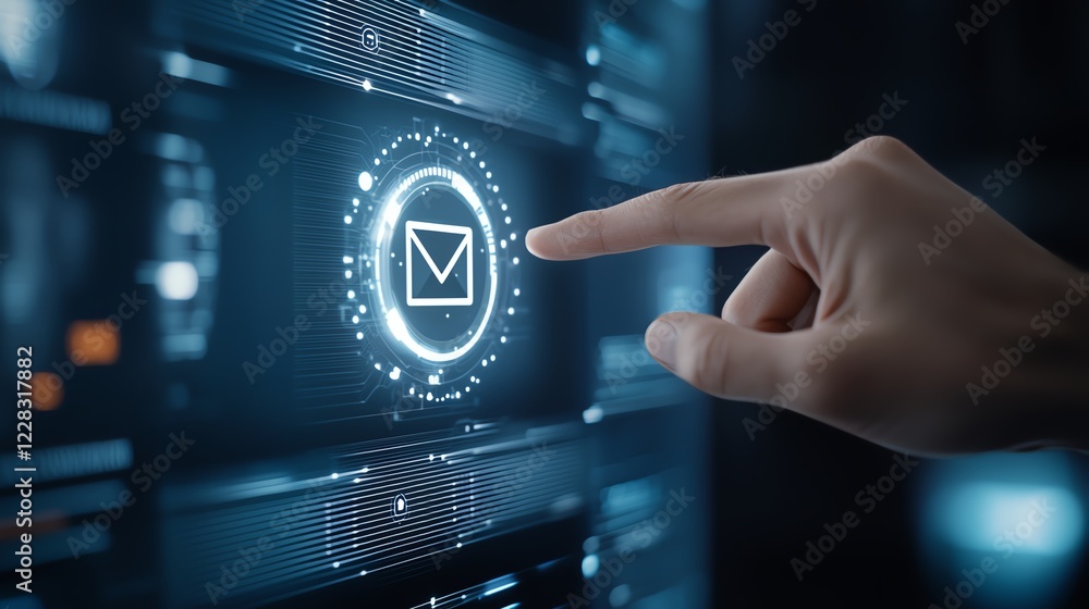 Poster a close-up of a hand interacting with a futuristic digital interface featuring an email icon. the gl