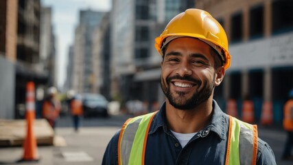 Fototapeta premium male construction worker on busy urban street background