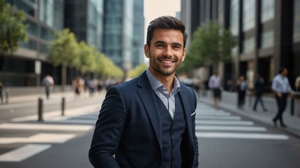 male accountant on busy urban street background