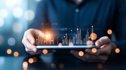 A close-up of a person holding a tablet displaying futuristic data analytics with glowing charts, ideal for topics related to technology, finance, and digital innovation.