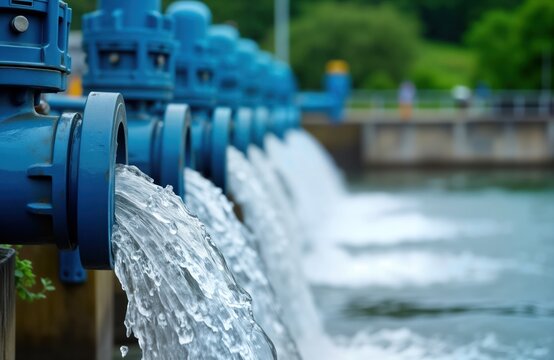 Water treatment plant releases purified water into river. Blue pipes discharge clean water. Sustainable water management facility. Eco friendly tech. Public resource supply.