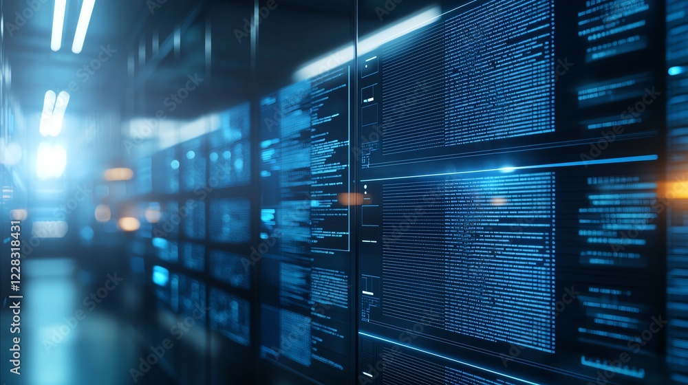 Poster a close-up view of a modern data center showcasing server racks filled with illuminated screens and 