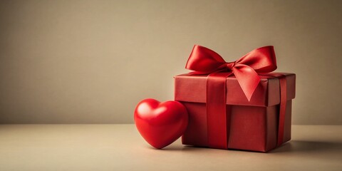 Obraz premium Red Gift Box with Floating Heart, Beige Background - Best Wishes Party Celebration