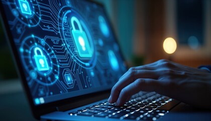 Hands type on laptop keyboard. Hologram security icons display on laptop screen. Digital protection concept. Person working late night. Cybersecurity theme. Tech illustration.