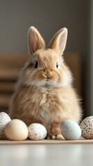 Adorable fluffy lionhead bunny with long ears sitting among decorated Easter eggs on wooden surface, soft natural lighting creates warm atmosphere for holiday cards.