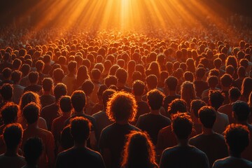 Crowd gathers in anticipation as sunlight beams over an outdoor concert during sunset on a vibrant...