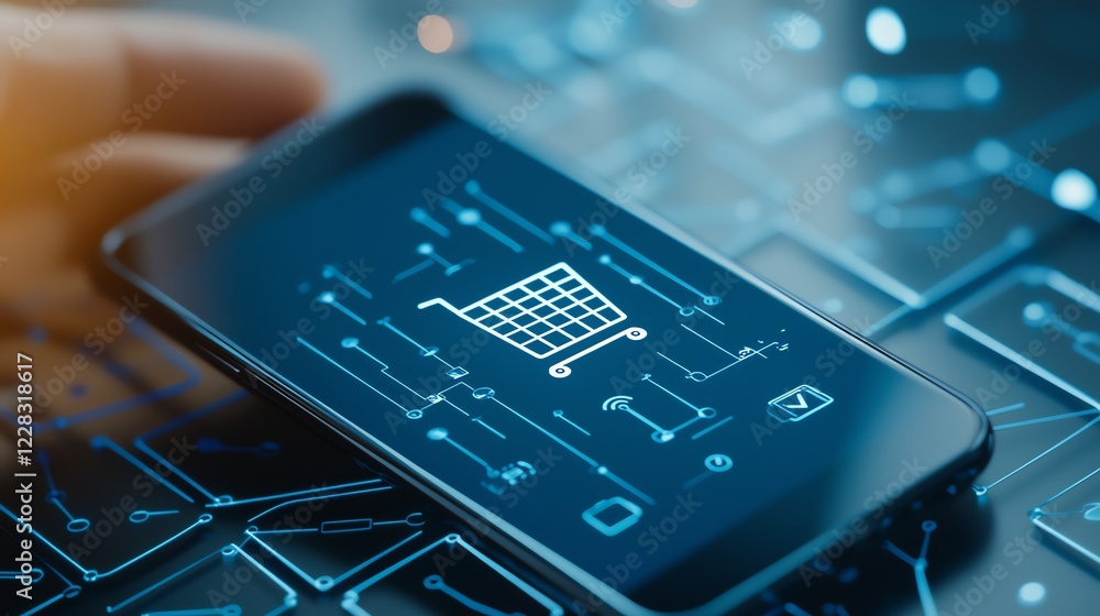 Poster a close-up view of a smartphone with a digital shopping cart icon displayed on the screen, surrounde