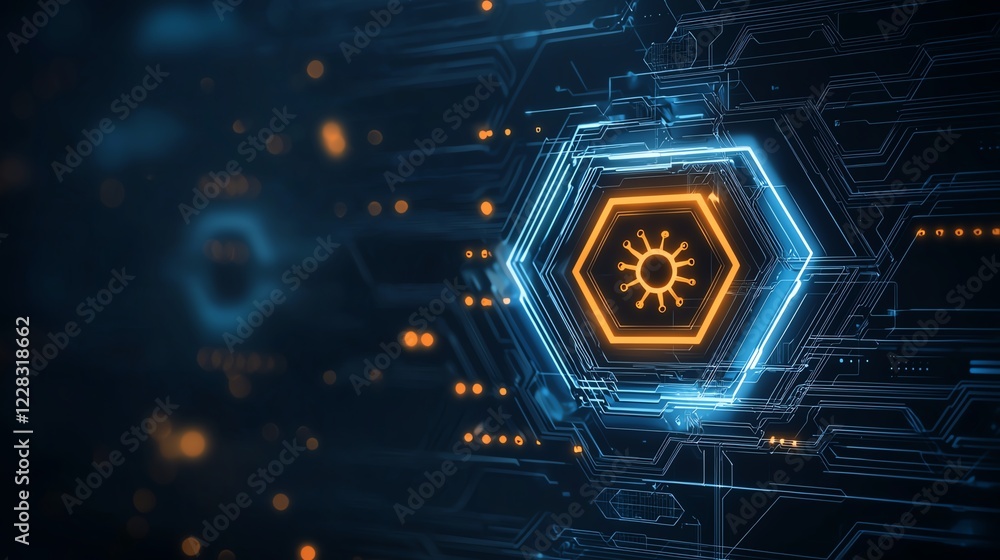 Poster a close-up view of an intricate circuit design, featuring hexagonal shapes illuminated by blue and o