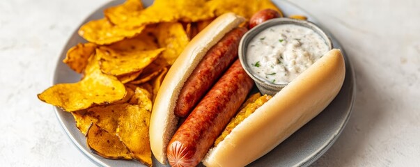 Spicy hot dog sausage paired with crispy plantain chips and garlic dip