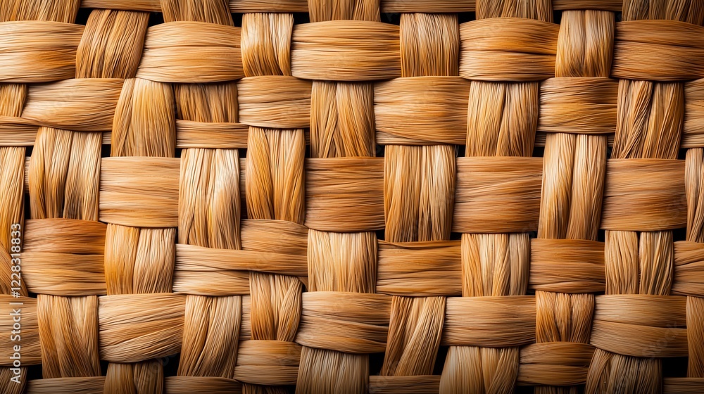 Poster a close-up view of intricately woven natural fibers in a clean, seamless pattern. the warm tones hig