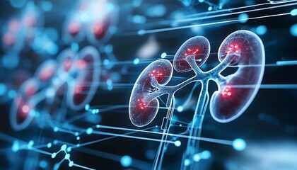 A close-up view of human kidneys depicted in a futuristic digital style, showcasing intricate details and glowing elements, illustrating advanced medical technology and biology.