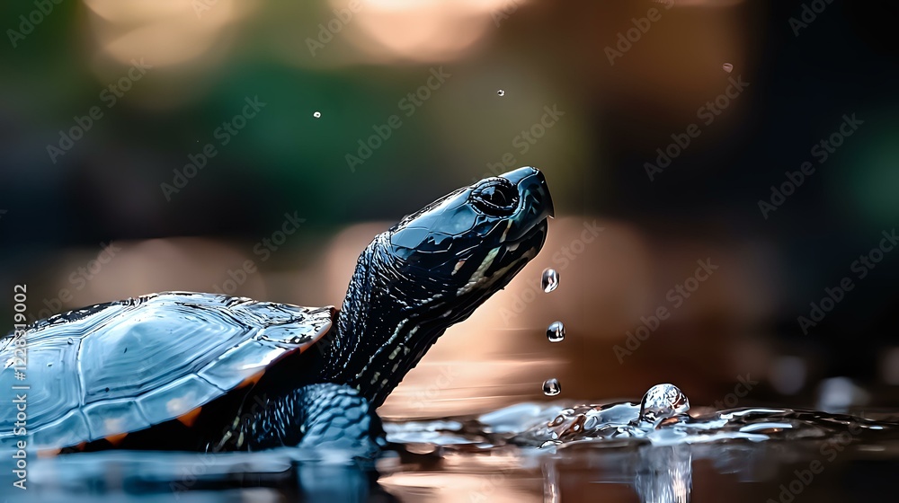Aufkleber close up of water turtle with water drops splashing around its head against blurred natural backgrou
