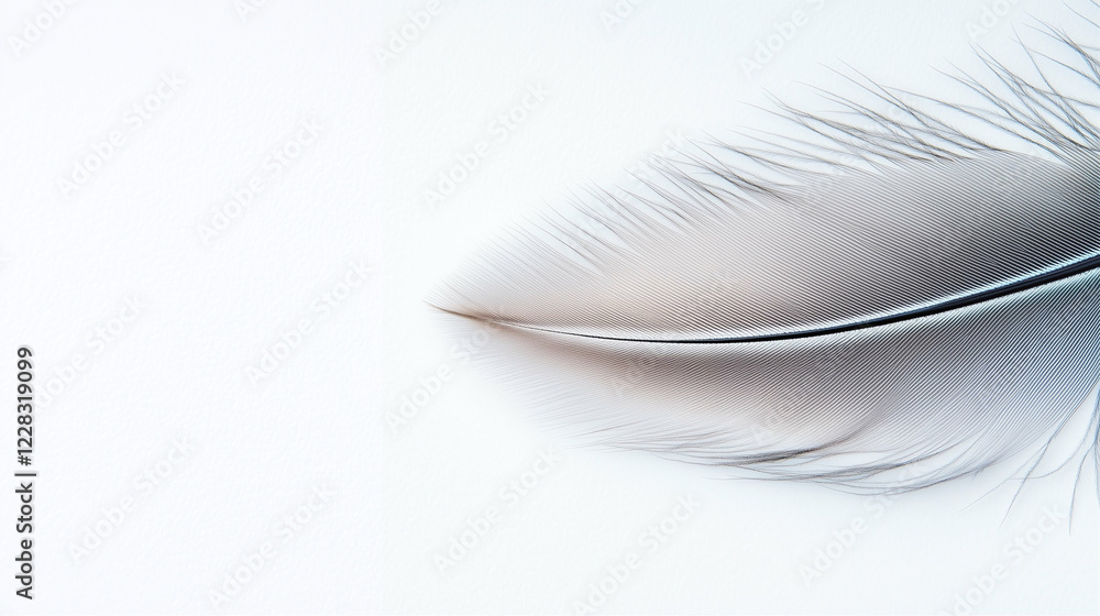 Poster close-up feather on white background. feather detail with soft light. feather texture close-up