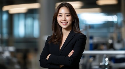 A confident and professional woman stands in a modern office environment, arms crossed, smiling