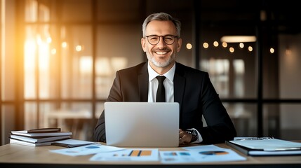 Obraz premium A confident businessman sits at his desk, smiling while working on his laptop