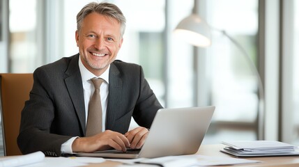 A confident businessman smiling at the camera while working on a laptop at a modern office. The atmosphere is bright and professional, showcasing a positive work environment.