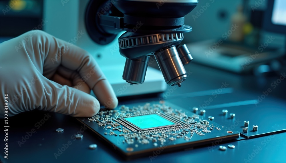 Leinwandbilder technician meticulously examines computer chip under electron microscope. microscopic inspection det