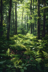 Obraz premium Tranquil Green Forest with Sunlight Filtering Through the Trees and Wildflowers Amidst the Ferns