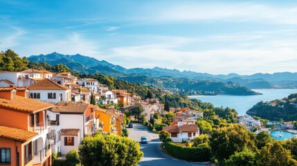 Scenic Coastal Village with Colorful Houses and Stunning Mountain Backdrop Under Blue Sky