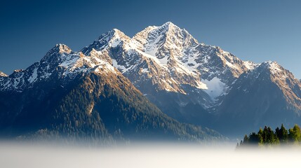 Fototapeta premium Majestic snow-capped mountain peak at sunrise, valley fog, autumnal forest