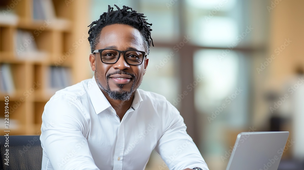 Poster a confident man in a modern office setting, smiling while working on a laptop. his professional appe
