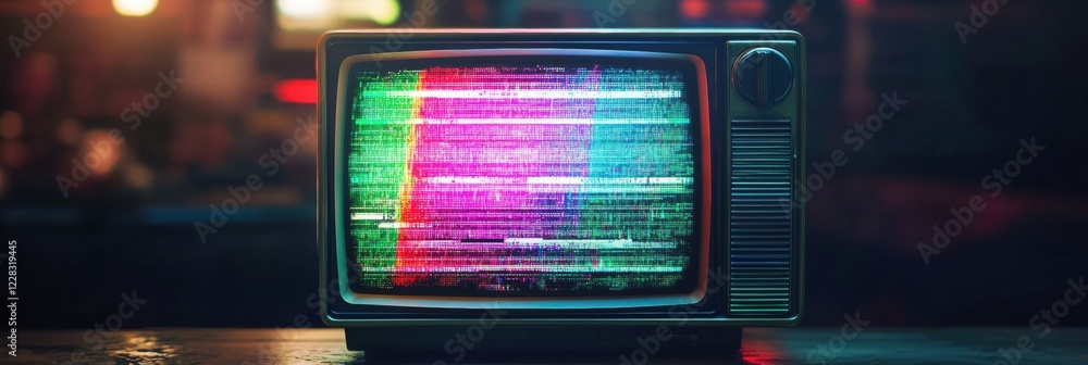 Poster retro television displays colorful static noise and glitch patterns in a dimly lit room. generative 